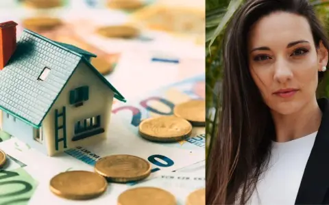 Mini casa sobre billetes y monedas, junto a una mujer. Consejos para alquilar un piso de forma inteligente.