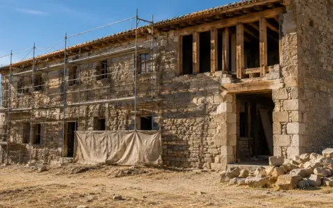 Andamios rodean una casa de piedra en ruinas, demostrando que se puede rehabilitar una casa declarada en ruinas.