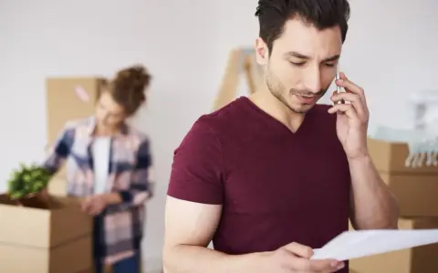 Hombre habla por teléfono, revisando papeles, mientras una mujer desempaca. Quizás buscando como saber a quien pertenece un terreno.
