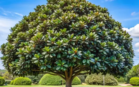 Magnífico árbol frondoso, ideal como uno de los árboles para jardín, con un tronco robusto y follaje verde intenso bajo un cielo azul con nubes.
