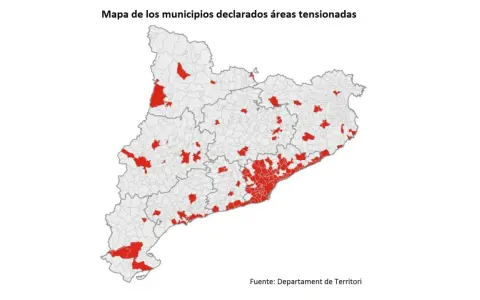 Mapa de Cataluña con municipios en rojo, indicando zonas tensionadas de alquiler.