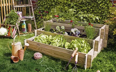 Huerto escalonado con lechugas, cebollino, col y tomates. Ideal para ver qué se puede plantar ahora.