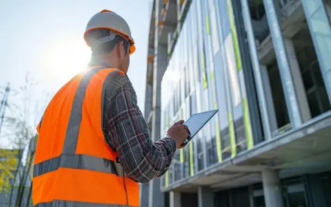 Ingeniero revisa tablet frente a edificio moderno. ¿Qué edificios tienen que pasar la ITE?