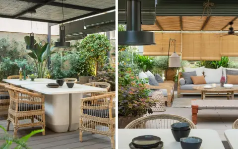 Elegante decoración ibicenca exterior con muebles de ratán, mesas de piedra y abundante vegetación. Un oasis de paz y estilo.