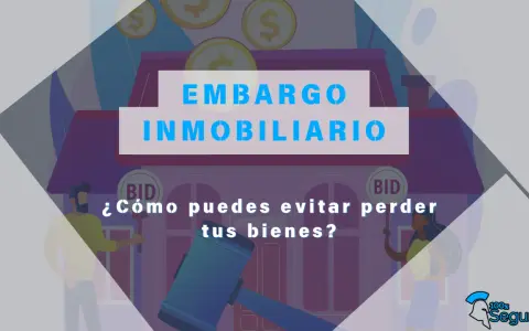 Ilustración sobre embargo inmobiliario. Un martillo de juez y monedas flotan sobre una casa, con personas y el texto "¿Cómo puedes evitar perder tus bienes?".