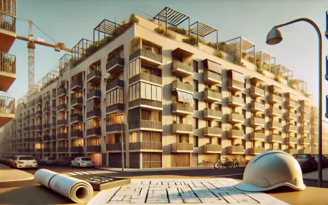Planos de nuevos edificios en Catalunya, con grúa de construcción al fondo y casco de obra en primer plano.