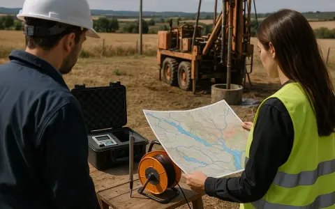 Ingenieros analizan mapa junto a equipo de perforación, buscando pozos anteriores a 1986.