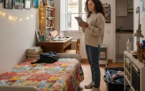 Joven revisa en su tablet qué necesito para empadronarme en un piso de alquiler. Habitación con cama, escritorio y estanterías.
