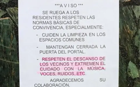 Aviso sobre vecinos ruidosos: se pide respetar normas de convivencia, limpieza y descanso.