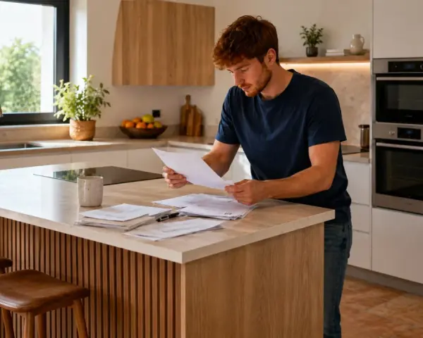 Hombre pelirrojo revisa facturas en su cocina moderna. Preocupado, piensa: "por 6000 euros me pueden quitar mi casa".