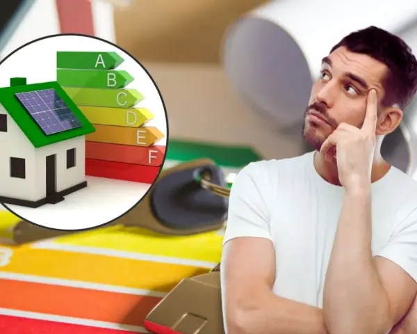 Hombre pensativo junto a una casa con paneles solares y escala de eficiencia energética, pensando en contratos de alquiler.
