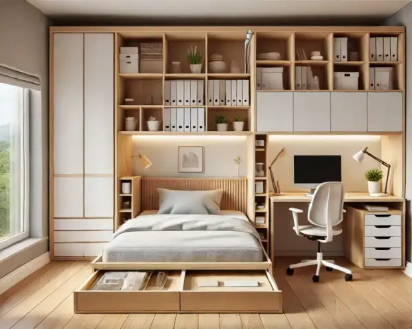 Dormitorio con despacho integrado, cama con cajones y estanterías de madera. Ideal para espacios pequeños.