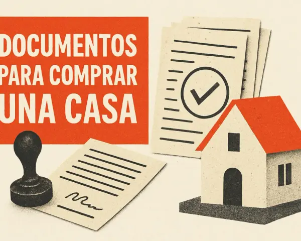 Documentos para comprar una casa: una casa de juguete, papeles con un visto bueno y un sello.