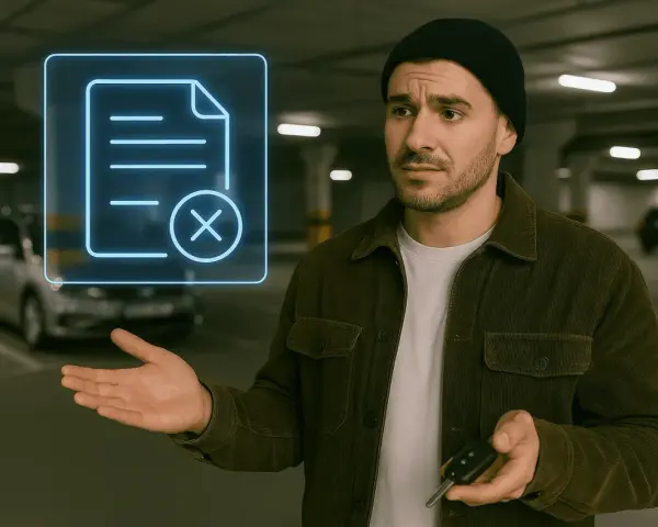 Hombre con llaves en garaje, gesto de duda ante icono de documento tachado. ¿Problemas con el alquiler de plaza de garaje sin contrato?