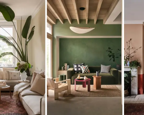Inspiración de colores para salones: tonos tierra, verde musgo y melocotón en ambientes acogedores con plantas y texturas naturales.
