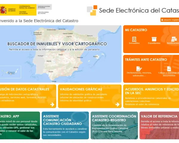 La Sede Electrónica del Catastro muestra un mapa de España y opciones para consultar información, incluyendo qué es la referencia catastral de una vivienda.