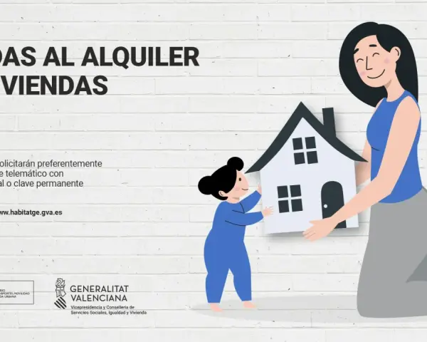 Ilustración de dos mujeres y una casa, promoviendo ayudas para propietarios de viviendas en alquiler.