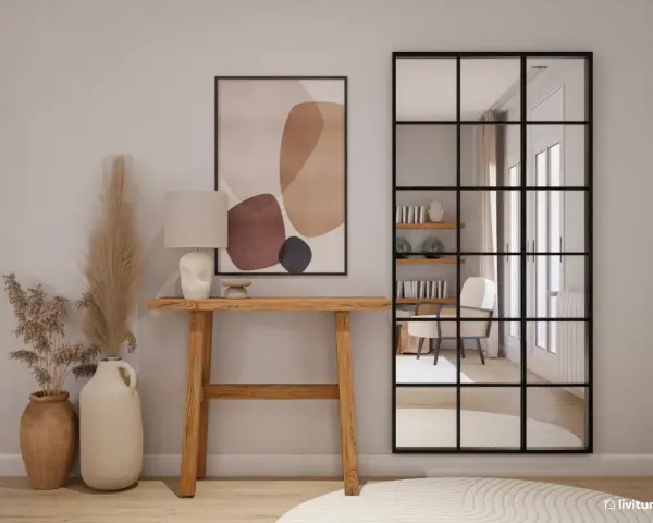 Una elegante entrada para una casa con consola de madera, lámpara, arte abstracto y espejo industrial.