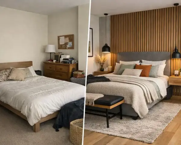 Dormitorio antes y después: cómo renovar dormitorio sin cambiar muebles, con textiles y detalles acogedores.