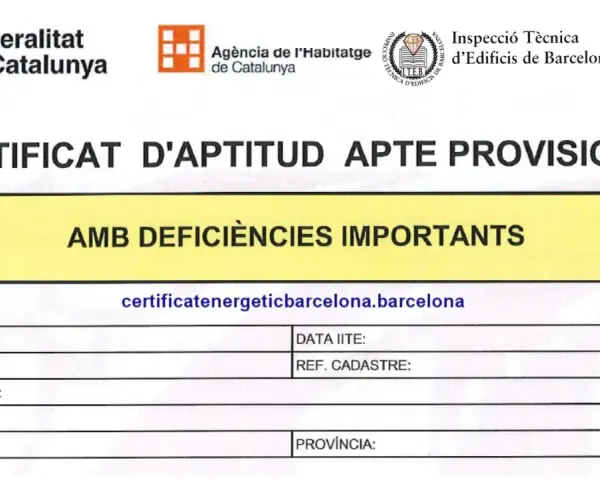Certificat d'aptitud provisional amb deficiències importants, relatiu a la inspecció tècnica d'edificis a Barcelona.