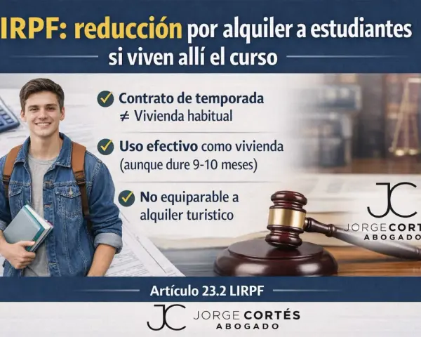 IRPF: reducción 60% alquiler vivienda estudiantes. Contrato temporal, uso efectivo como hogar durante el curso. No es alquiler turístico.