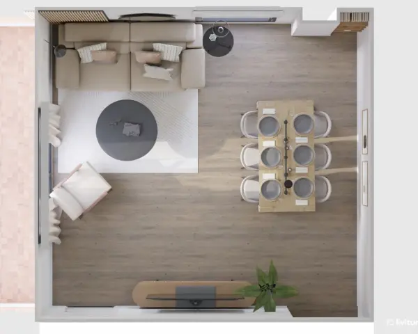 Distribución salón comedor rectangular: sofá, mesa de centro, sillón, mesa de comedor con seis sillas y mueble de TV.