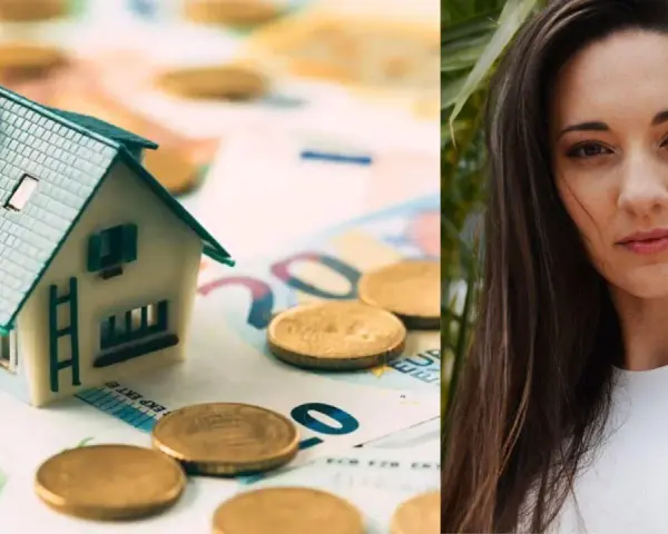 Mini casa sobre billetes y monedas, junto a una mujer. Consejos para alquilar un piso de forma inteligente.