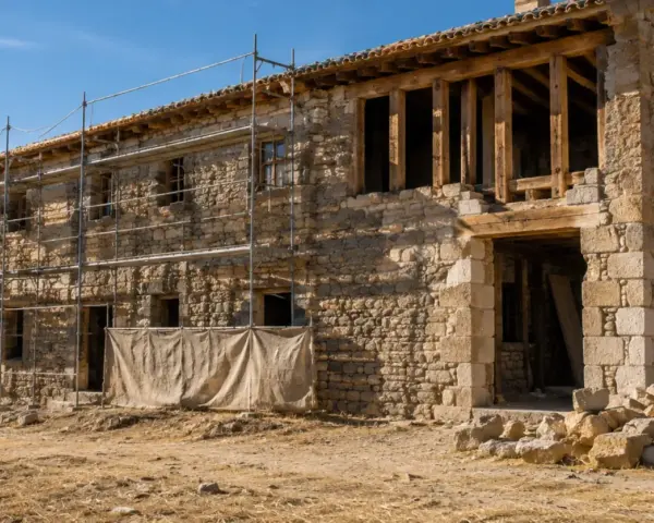 Andamios rodean una casa de piedra en ruinas, demostrando que se puede rehabilitar una casa declarada en ruinas.