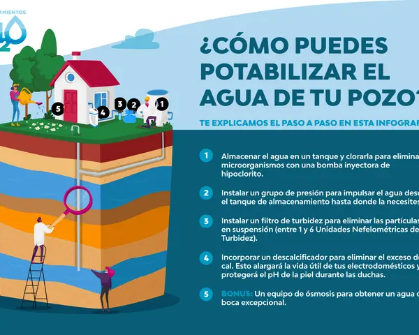 Infografía explica cómo funciona un pozo de agua, mostrando capas subterráneas, una casa y equipos de tratamiento.