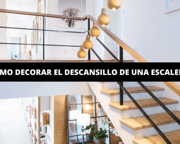 Elegante rellano escalera decoracion con lámparas doradas y arte en la pared. El descansillo escalera luce moderno y acogedor.