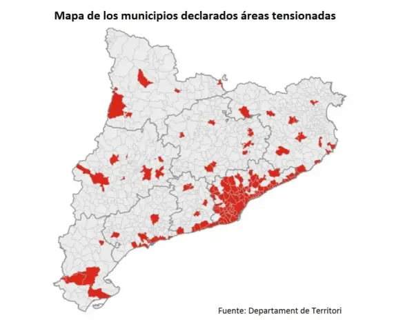 Mapa de Cataluña con municipios en rojo, indicando zonas tensionadas de alquiler.