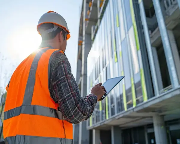 Ingeniero revisa tablet frente a edificio moderno. ¿Qué edificios tienen que pasar la ITE?