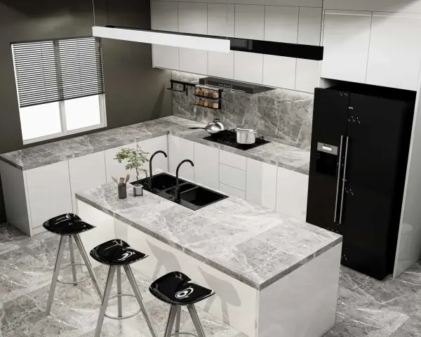 Moderna cocina blanca y gris claro con isla central, fregadero doble, taburetes negros y electrodomésticos de acero inoxidable.