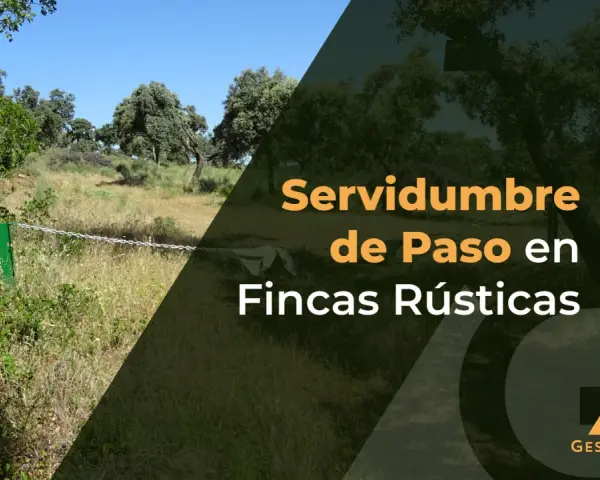 Paisaje rural con texto "Servidumbre de Paso en Fincas Rústicas". Explora la diferencia entre finca y parcela.