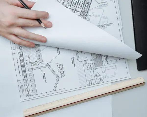 Manos revisando planos de construcción, un detalle que sugiere que se puede escriturar sin cédula de habitabilidad.
