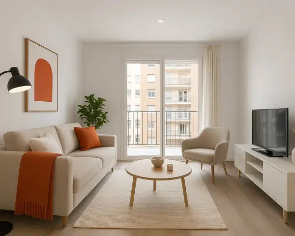 Salón moderno y luminoso. Sofá beige, mesa de centro, sillón, TV y planta. ¡Ideal para cuando pueda alquilar mi primera vivienda!