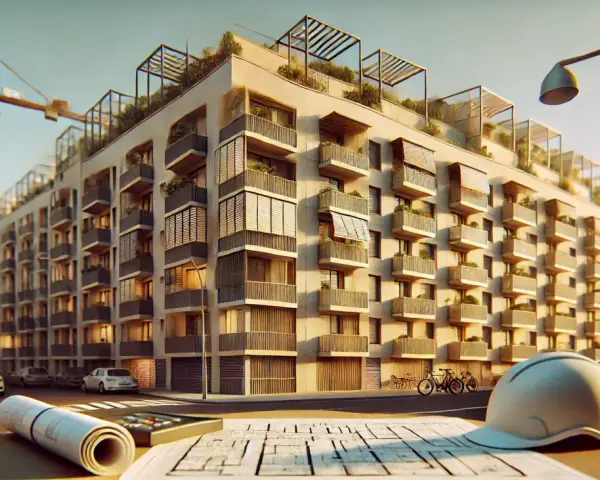 Planos de nuevos edificios en Catalunya, con grúa de construcción al fondo y casco de obra en primer plano.