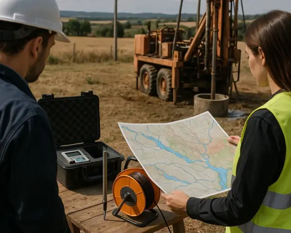 Ingenieros analizan mapa junto a equipo de perforación, buscando pozos anteriores a 1986.