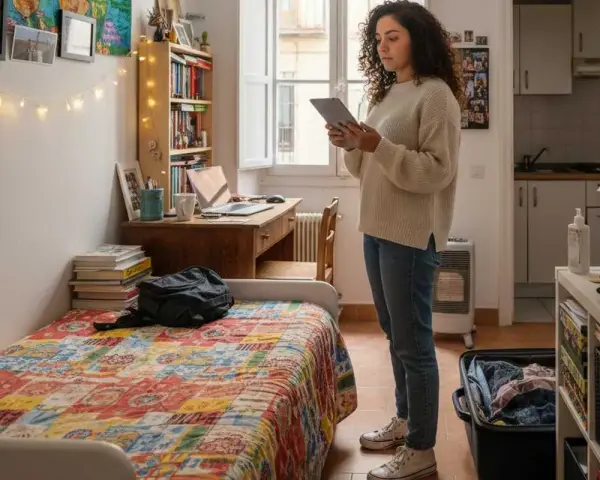 Joven revisa en su tablet qué necesito para empadronarme en un piso de alquiler. Habitación con cama, escritorio y estanterías.