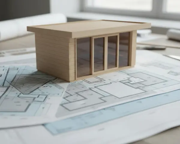 Maqueta de casa moderna sobre planos arquitectónicos, mostrando el concepto de **que es suelo urbano** y su desarrollo.