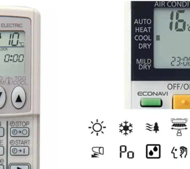 Mandos a distancia de aire acondicionado con varios símbolos. Uno muestra un sol, un copo de nieve y ondas, indicando modos de calor, frío y seco.