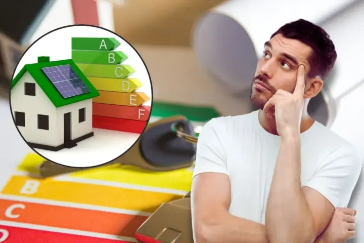 Hombre pensativo junto a una casa con paneles solares y escala de eficiencia energética, pensando en contratos de alquiler.