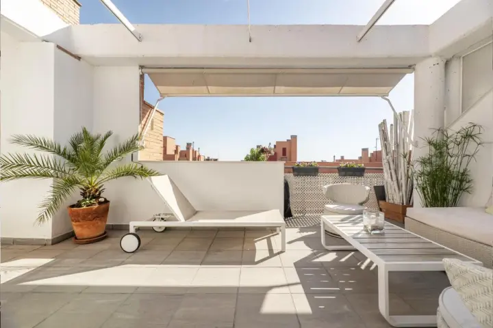 Encantadora decoracion terrazas aticos: tumbona, mesa de centro, sillón y plantas crean un oasis urbano.