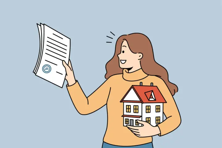 Mujer sonriente sostiene una casa y un documento, indicando cómo saber si una casa tiene seguro.