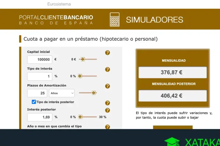 Simulador del Banco de España para calcular qué hipoteca me puedo permitir. Muestra capital inicial, tipo de interés y plazos.