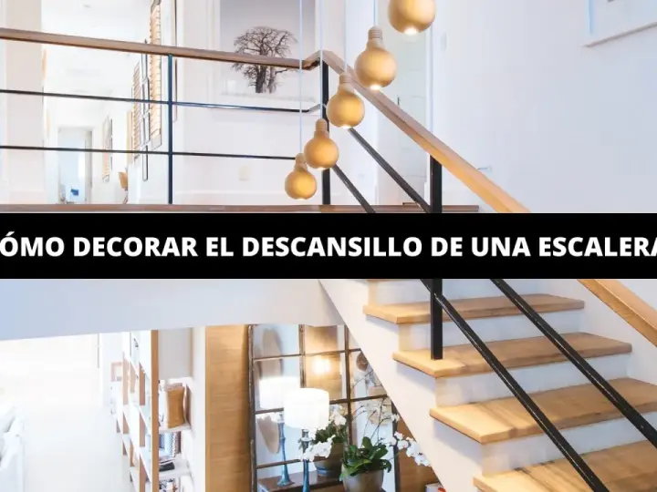 Elegante rellano escalera decoracion con lámparas doradas y arte en la pared. El descansillo escalera luce moderno y acogedor.