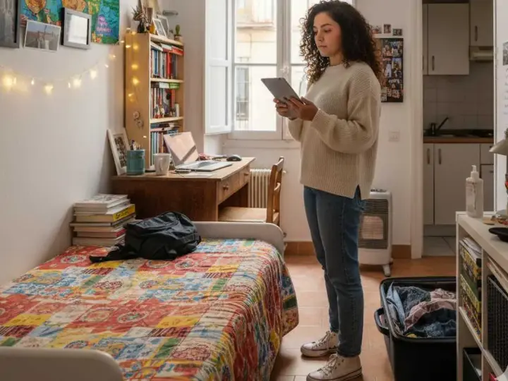 Joven revisa en su tablet qué necesito para empadronarme en un piso de alquiler. Habitación con cama, escritorio y estanterías.