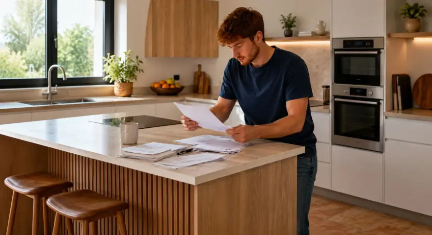 Hombre pelirrojo revisa facturas en su cocina moderna. Preocupado, piensa: "por 6000 euros me pueden quitar mi casa".