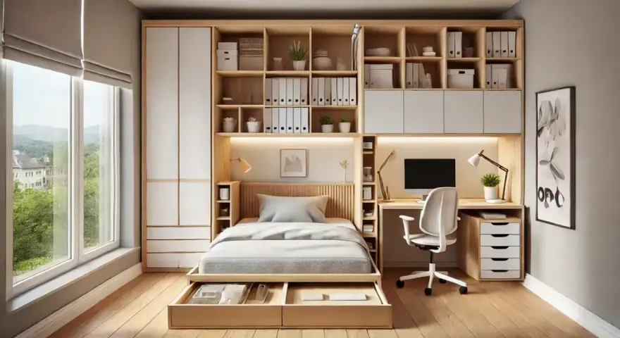 Dormitorio con despacho integrado, cama con cajones y estanterías de madera. Ideal para espacios pequeños.
