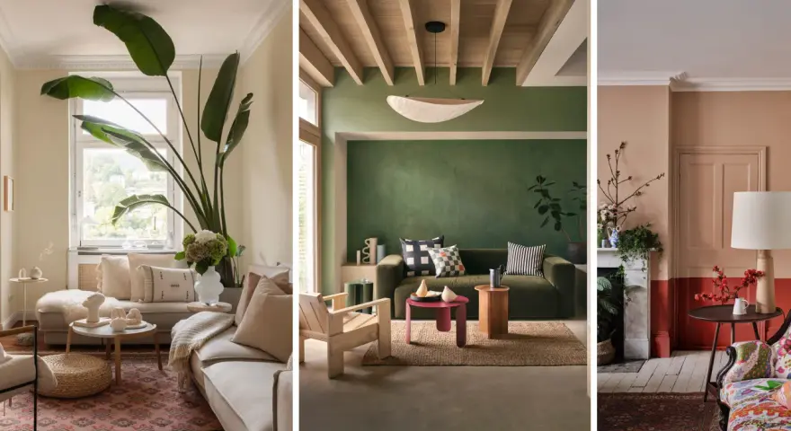 Inspiración de colores para salones: tonos tierra, verde musgo y melocotón en ambientes acogedores con plantas y texturas naturales.